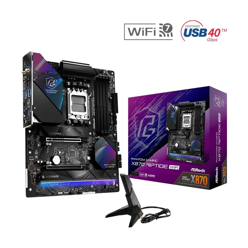 ASRock X870 RIPTIDE WIFI AMD AM5 Socket Motherboard, ATX, 4x DDR5 Slots, 3x M.2 Sockets, Fitted I/O Shield, 2.5GbE LAN, Wi-Fi 7