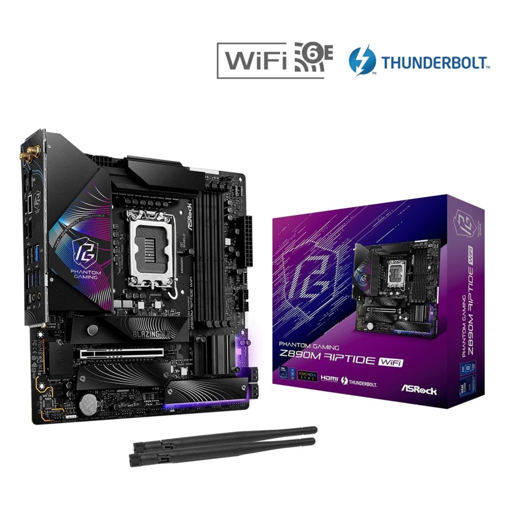 ASRock Z890M RIPTIDE WIFI Intel 1851 Socket Motherboard, Micro-ATX, 4x DDR5 Slots, 3x M.2 Sockets, Fitted I/O Shield, 2.5GbE LAN, Wi-Fi 6E