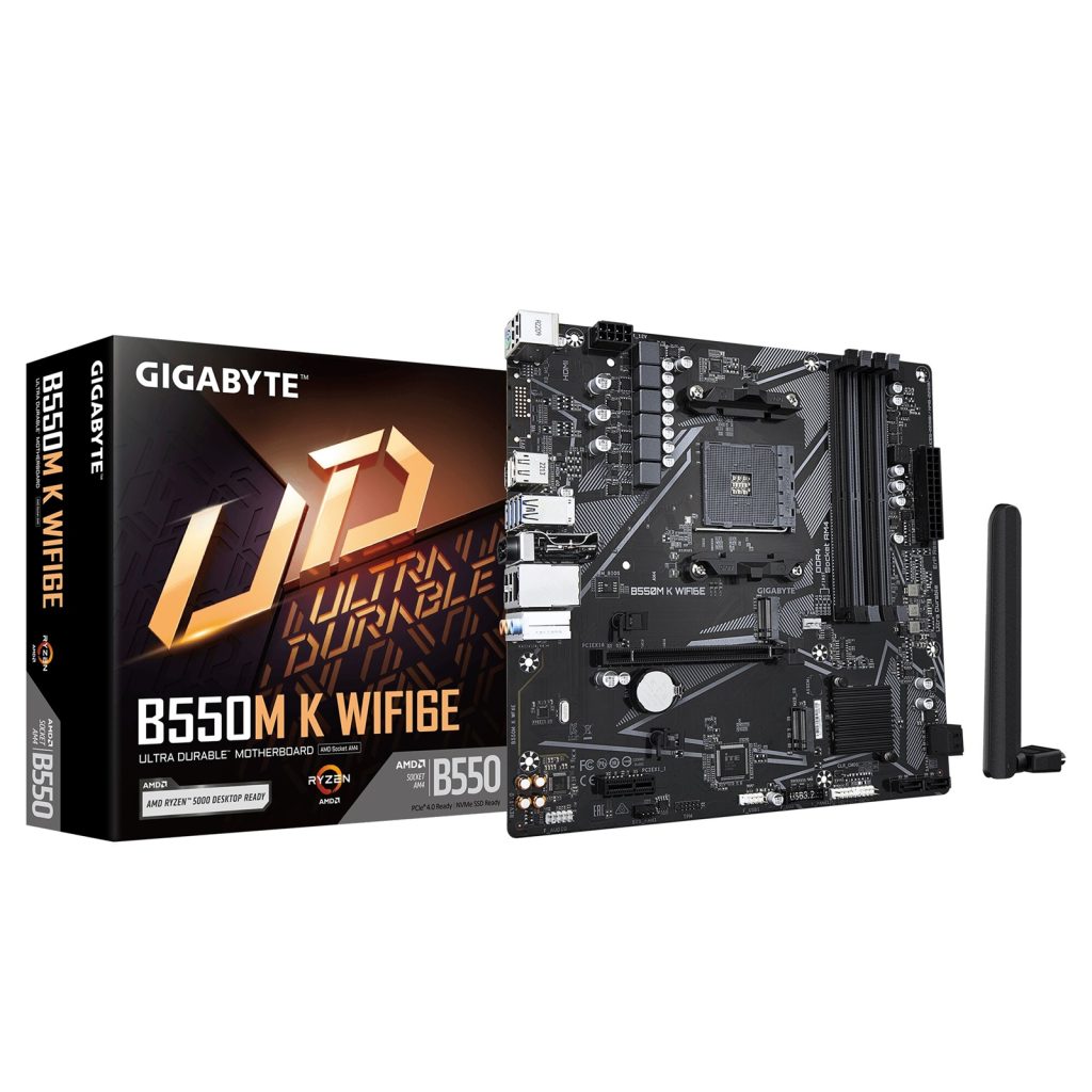 Gigabyte B550M K WIFI6E AMD AM4 Socket Motherboard, Micro-ATX, 4x DDR4 Slots, 2x M.2 Sockets, GbE LAN, Wi-Fi 6E