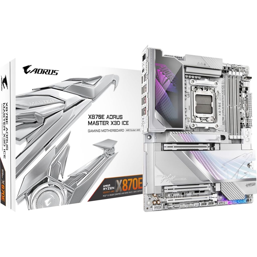 Gigabyte X870E AORUS MASTER X3D ICE AMD AM5 Socket Motherboard, ATX, 4x DDR5 Slots, 5x M.2 Sockets, Fitted I/O Shield, 10GbE LAN, Wi-Fi 7