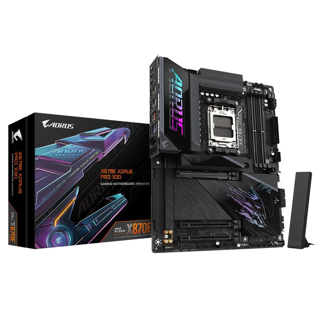 Gigabyte X870E AORUS PRO X3D AMD AM5 Socket Motherboard, ATX, 4x DDR5 Slots, 4x M.2 Sockets, Fitted I/O Shield, 5GbE LAN, Wi-Fi 7