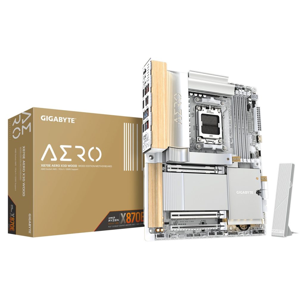 Gigabyte X870E AERO X3D WOOD AMD AM5 Socket Motherboard, ATX, 4x DDR5 Slots, 4x M.2 Sockets, Fitted I/O Shield, 2x 5GbE LAN, Wi-Fi 7