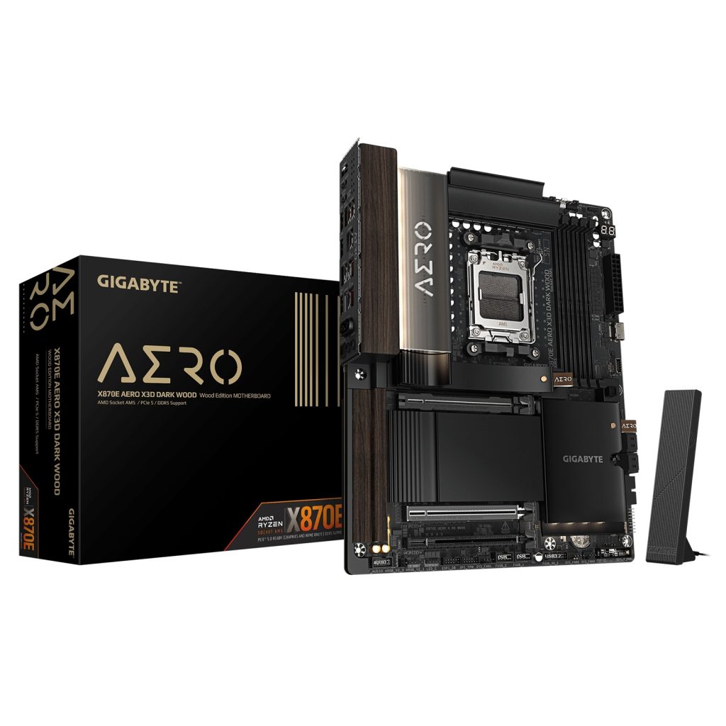 Gigabyte X870E AERO X3D DARK WOOD AMD AM5 Socket Motherboard, ATX, 4x DDR5 Slots, 4x M.2 Sockets, Fitted I/O Shield, 2x 5GbE LAN, Wi-Fi 7