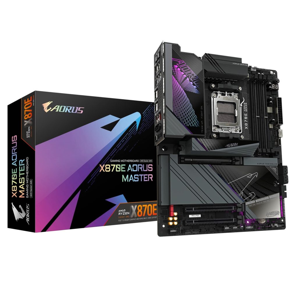 Gigabyte X870E AORUS MASTER AMD AM5 Socket Motherboard, ATX, 4x DDR5 Slots, 4x M.2 Sockets, Fitted I/O Shield, 5GbE LAN, Wi-Fi 7