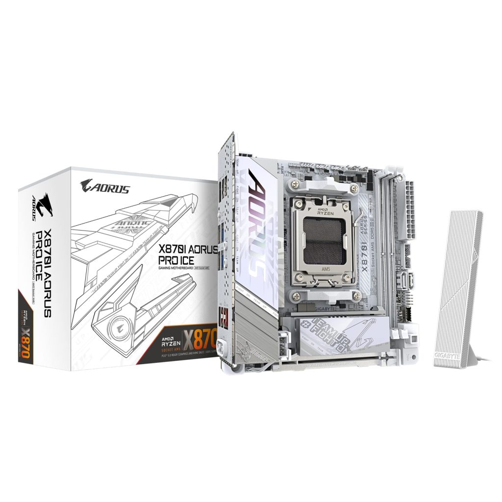 Gigabyte X870I AORUS PRO ICE AMD AM5 Socket Motherboard, Mini-ITX, 2x DDR5 Slots, 2x M.2 Sockets, Fitted I/O Shield, 2.5GbE LAN, Wi-Fi 7